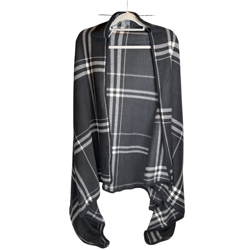 Cuddl Duds Plaid Fleece Wrap‎ Shawl Poncho Cardigan Women's S/M Black White Cozy